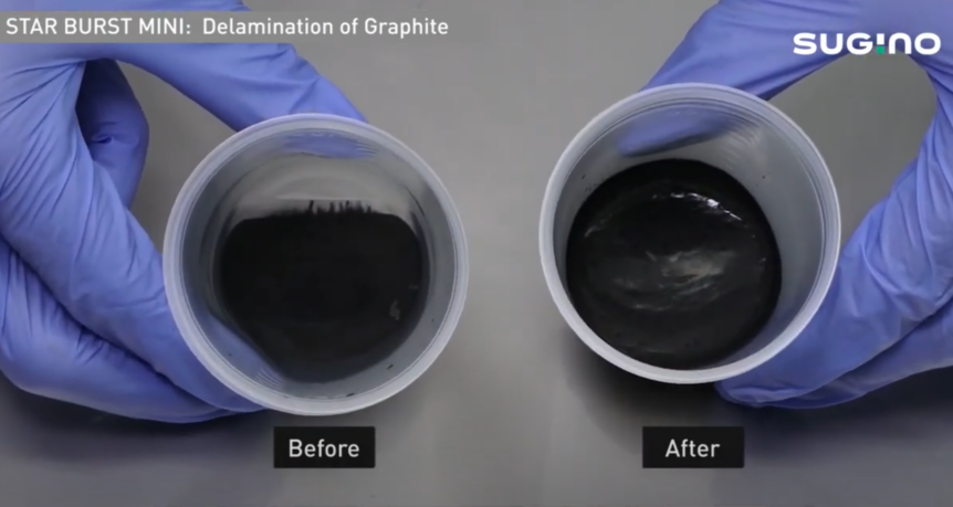 A still image from a video that shows raw graphite material being processed to delaminate and increase the surface area