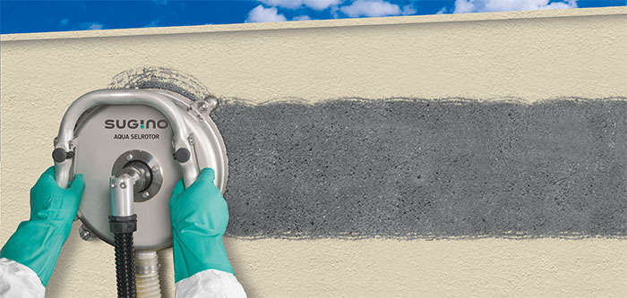 Aqua Selrotor in use removing asbestos from a wall with ultra high pressure water