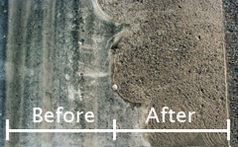 Before and after image results of using Sugino's Aqua Selrotor waterjet peeling tool on concrete