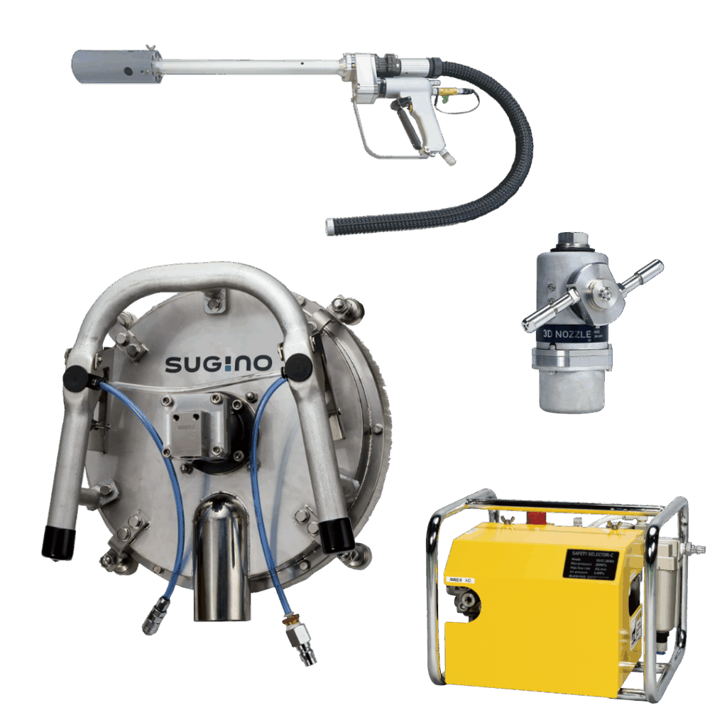 Sugino's Water Jet Tools and Attachments for hydrodemolition, concrete resurfacing, chipping, peeling, cutting, tank or reactor cleaning for civil engineering, bridge, roadway, or infrastructure