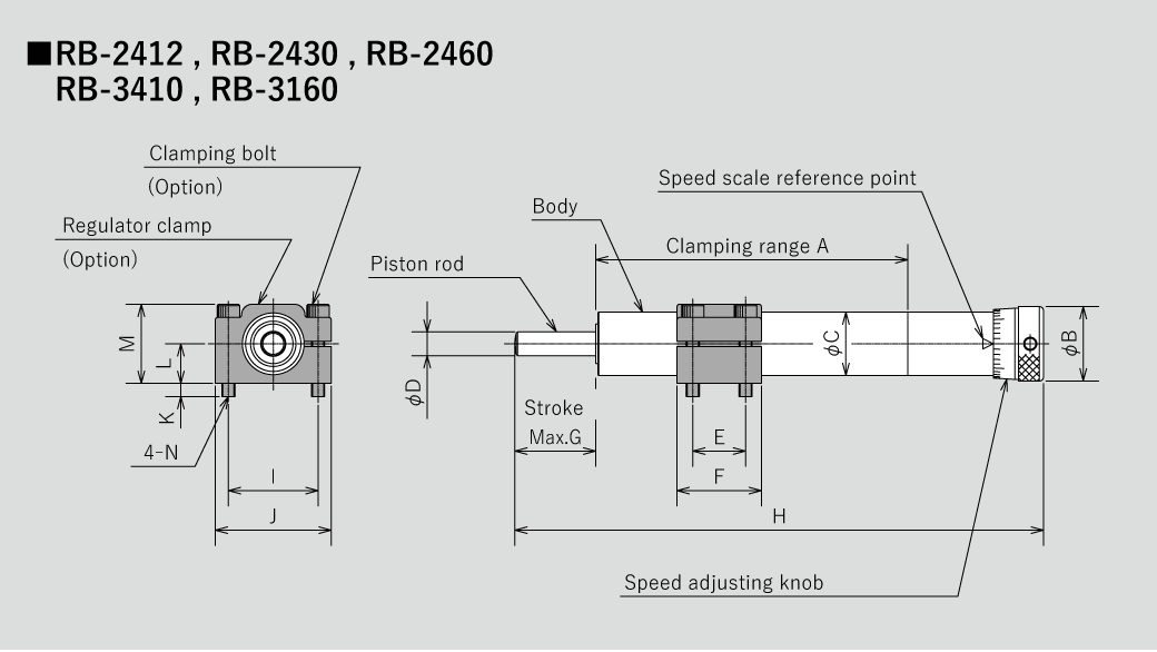 Dimensions diagram for Sugino Hydrospeed regulator spring return type units