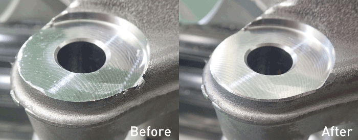 Before and after burr removal with Sugino Barriquan deburring tool 
