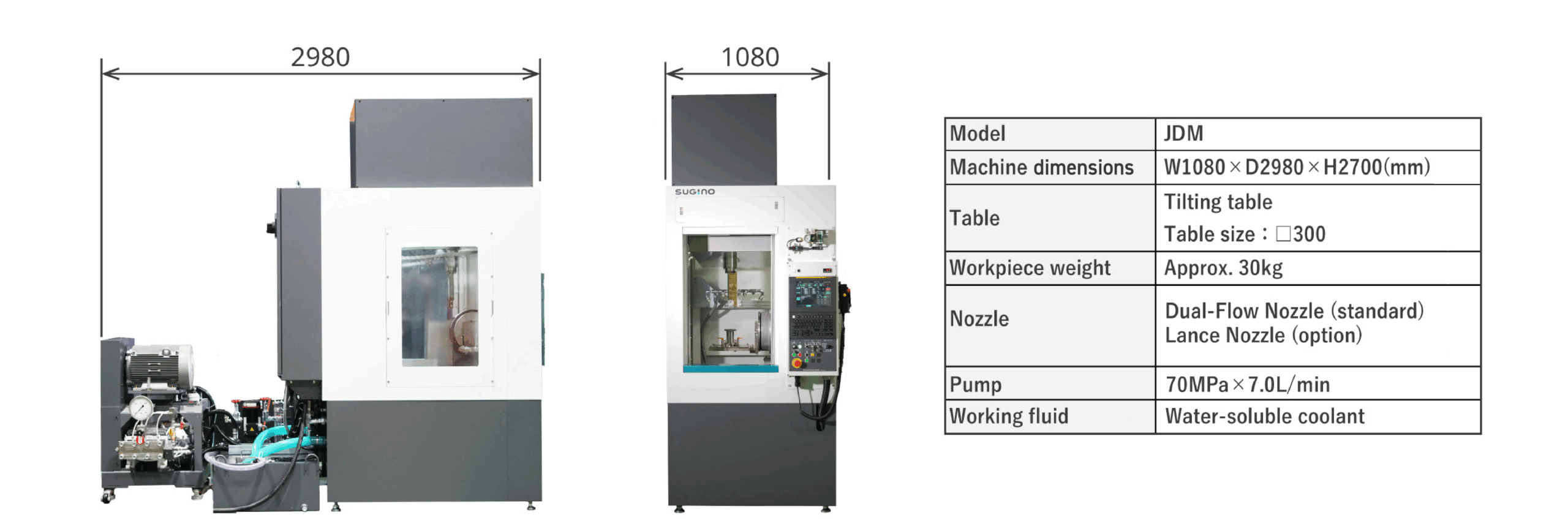 The dimensions and specifications of Sugino's JDM Jet Deburring Machine for high pressure water jet deburring