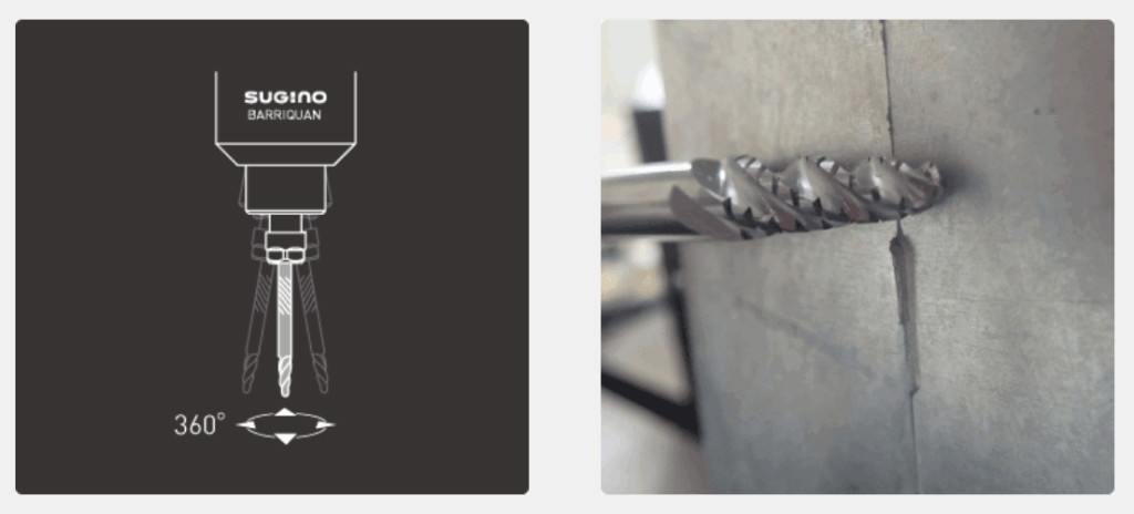Sugino Barriquan deburring tool features tilt mechanism so tool is tilted to the workpiece