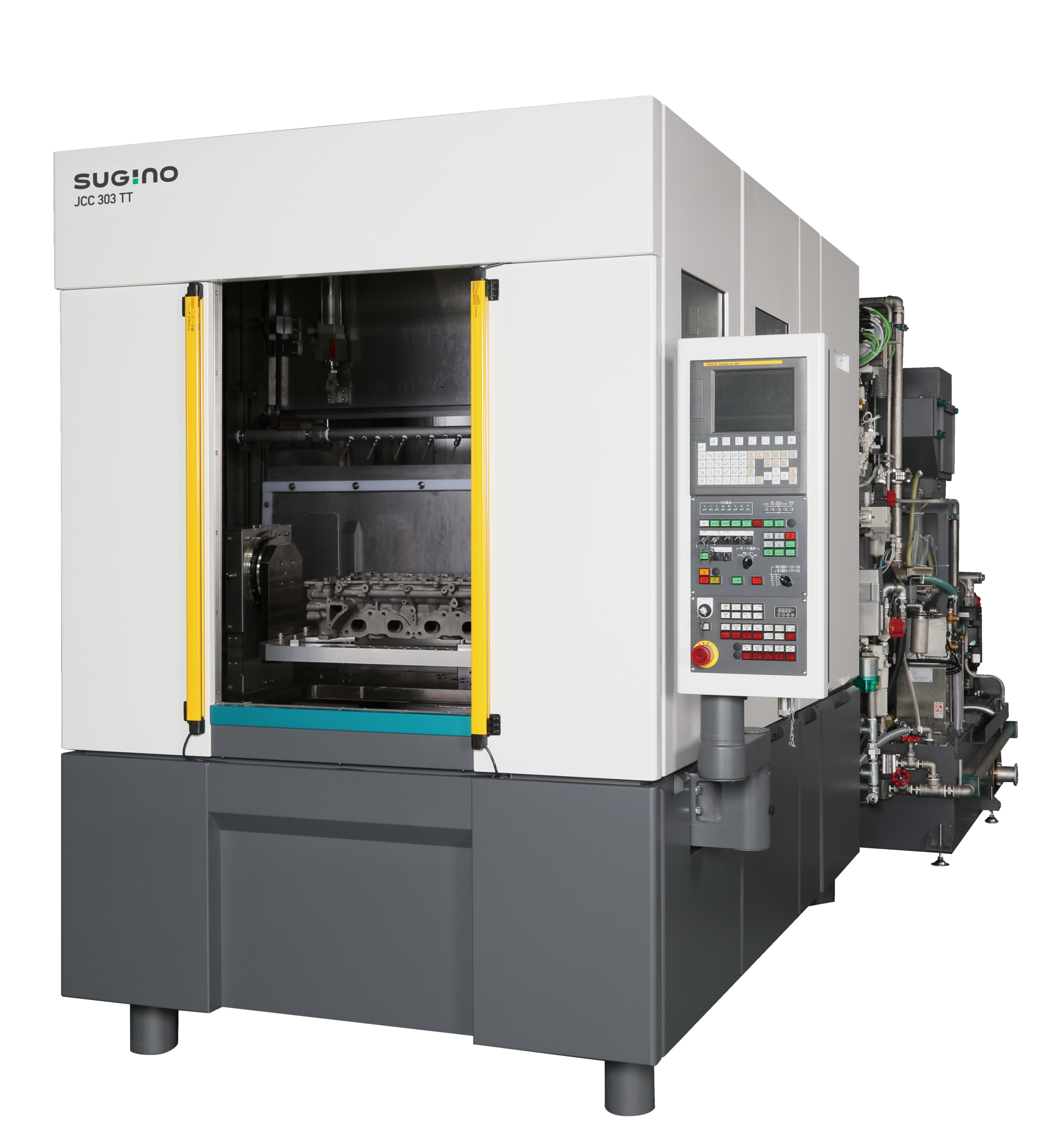 The fast and effective Sugino Jet Clean Center (JCC) 303 Turntable high pressure water jet deburring and part cleaning system for quick cycle times